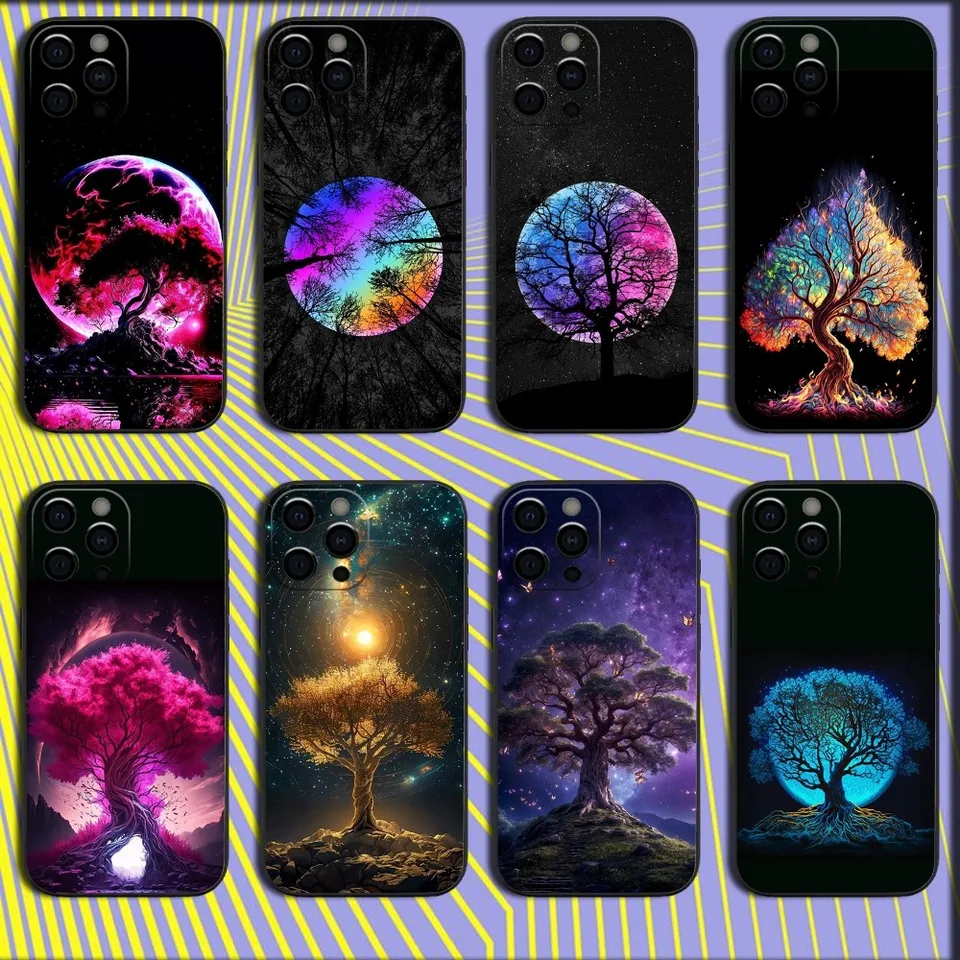 Cool Tree of Life Space Telefón pre iPhone 16,15,14,13,12,11, Pro, X, XS, Max, XR, Plus, Mini Soft Black Cover