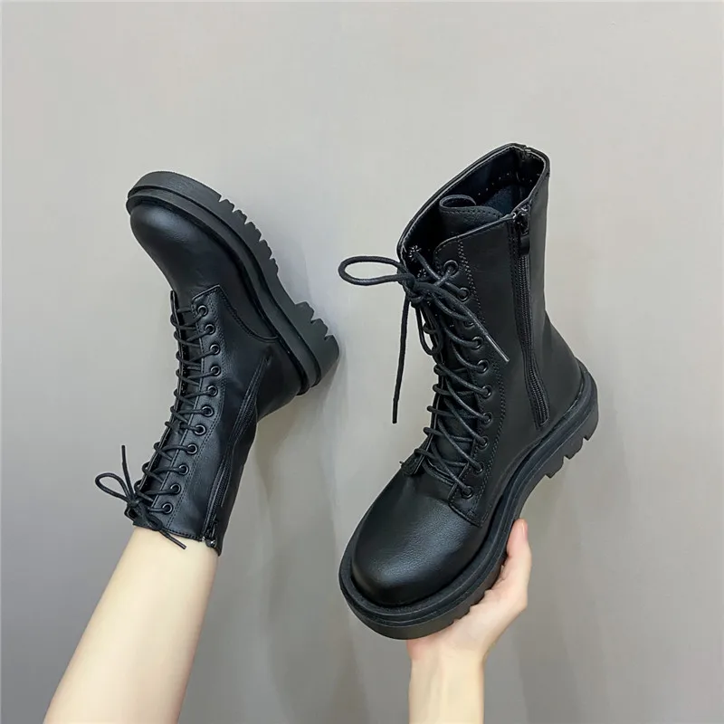 Cootelili Dámsky členok topánky Pu Leather 2024 Zimné ženy topánky topánky topánky 5 cm päty Lace Up Zip plus veľkosť 41 42 43