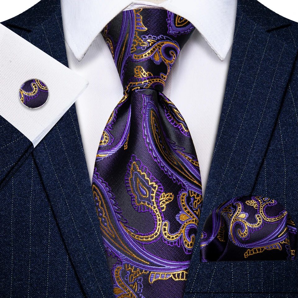 Corbatas para hombre Purple Paisley Luxury Party Kravaty vreckové štvorcové manžety Sada pre muža svadobné obchodné ženích