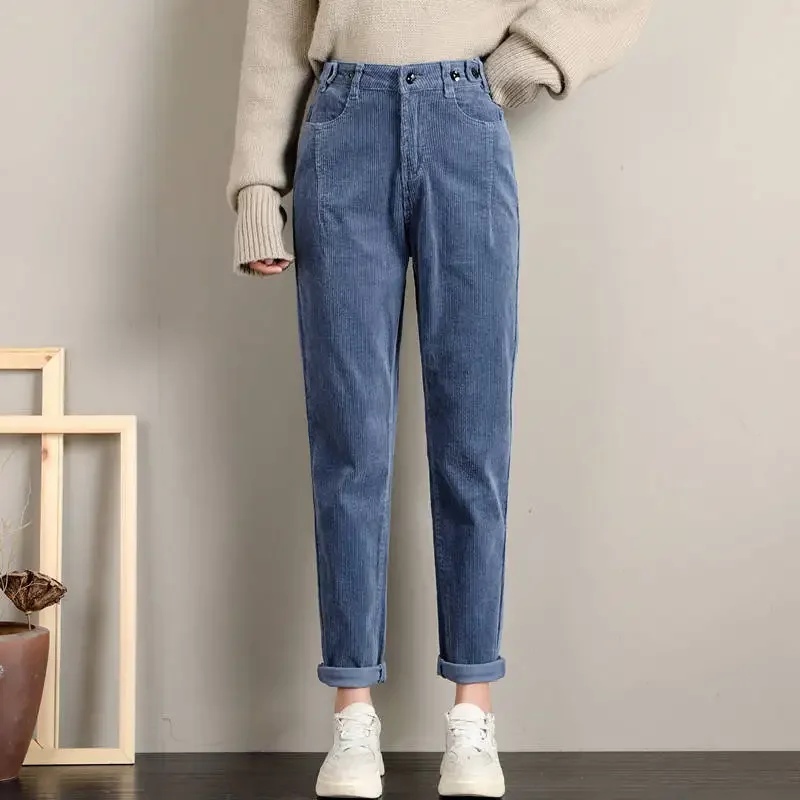 Corduroy High Pants Pants Ženy nové modré dlhé jesenné zimné nohavice Ženy Pentalon Femme Casual Harem Pants Dámske nohavice C5914