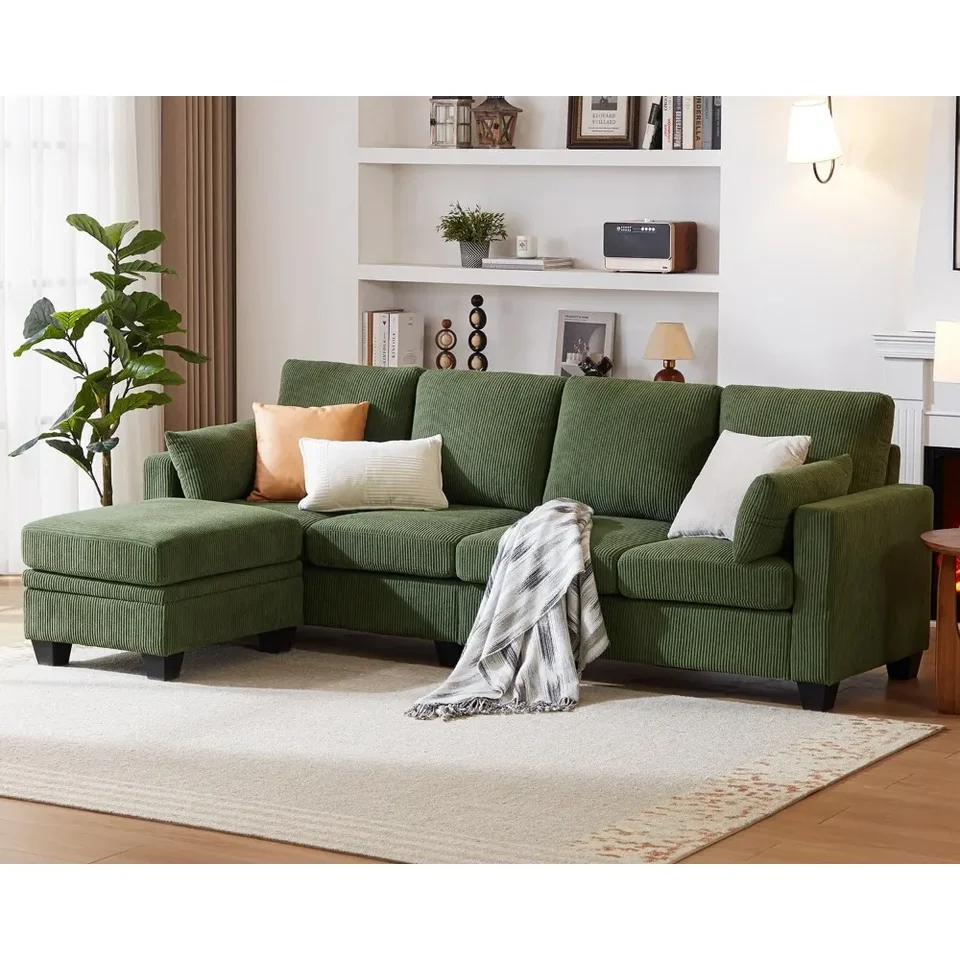 Corduroy Section Gouch s osmanským ležadlom, 4-sedadlová pohovka pre obývaciu izbu, byt, salónik, modernú lakťovú opierku