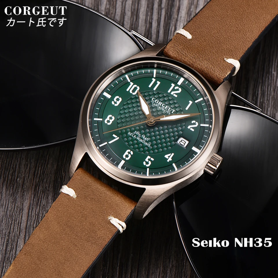 Corgeut 40 mm luxusné muži sledujú automatický mechanický skutočný muž pre pilot typu B Aviator kožené zápästie Vodotesné NH35 Mens Watches