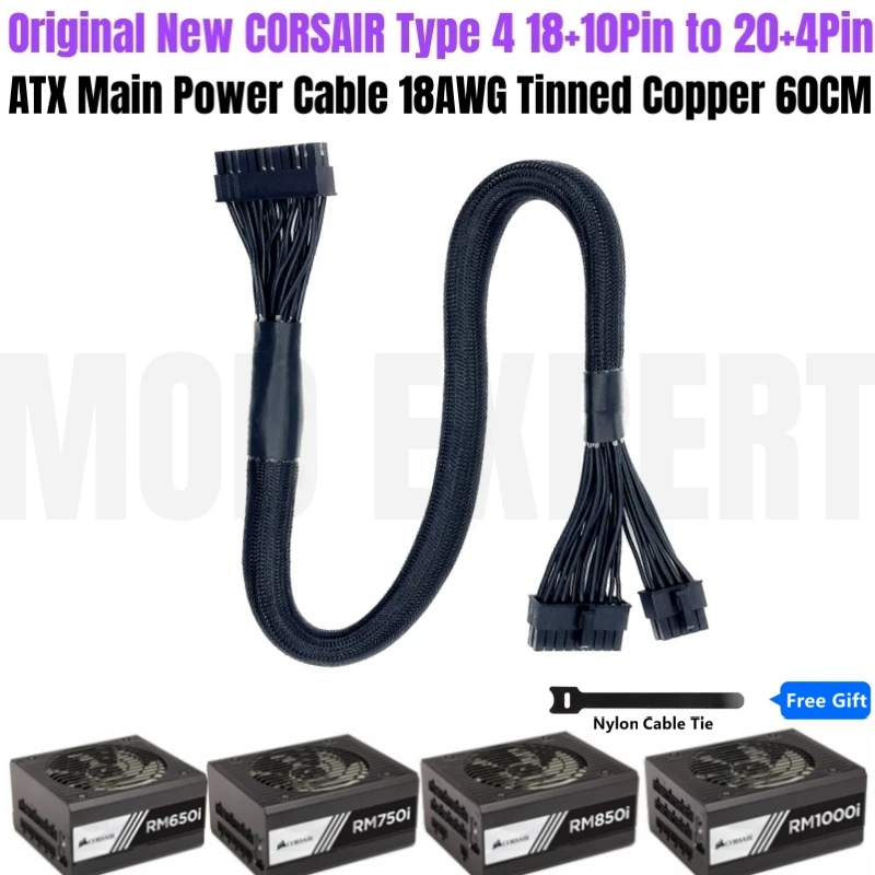 Corsair Original Type 4 ATX 18+10pin až 24pin napájací kábel pre RM550I, RM650I, RM750I, RM850I, RM1000I Modulárny PSU 18AWG 60 cm