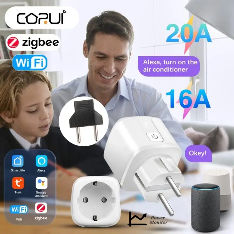 Corui tuya wifi Zigbee Smart Socket Eu Wireless Plug 16a 20A Timér s adaptérom napájacieho monitora Alexa Google Home Voice Control