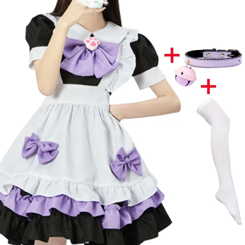 Cosbao anime slúžka lolita šaty cosplay kostým Purple ružové ženy loli šaty mačka pazúra mačka bell golier a biele pančuchy