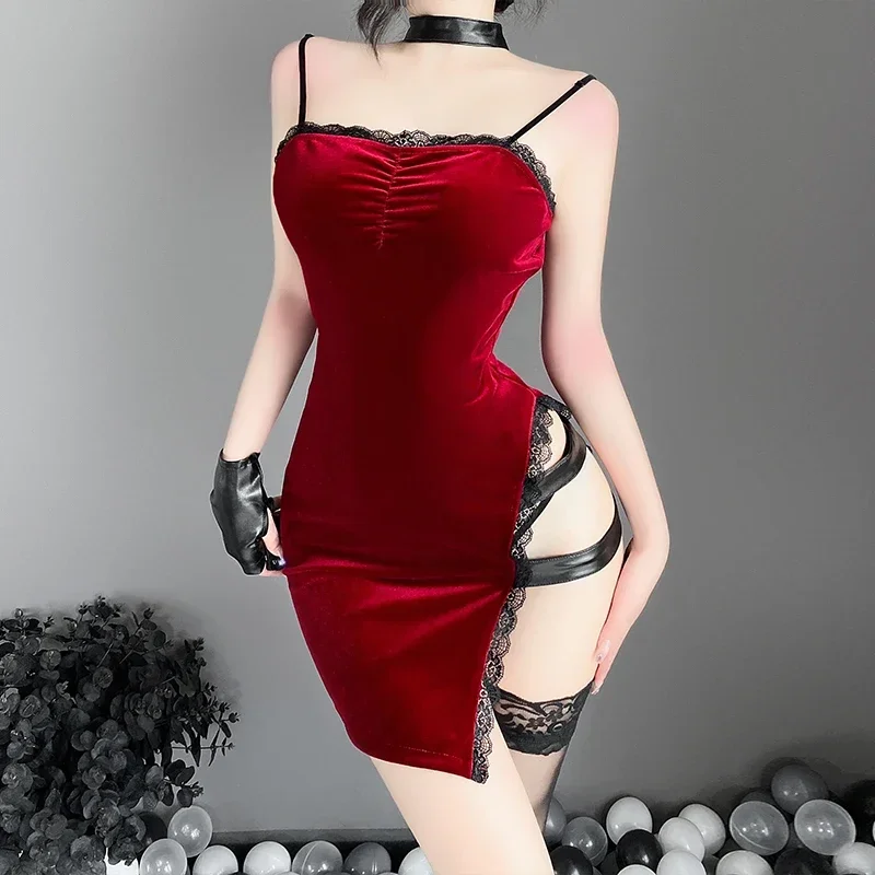 Cosbao gotické erotické spodné prádlo Sexy cheongsam šaty sling vysoký pás PU koža rozdelená Skinny Slim Qipao Sex obväz.