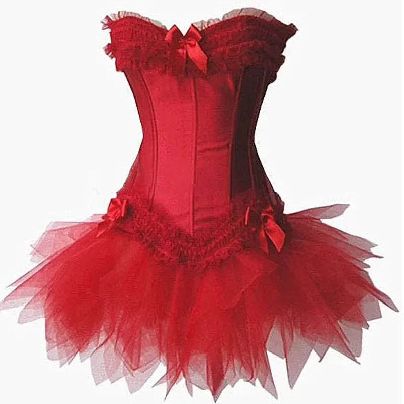 Cosbao Veľkoobchod 2pcs červená čierna sexy gotické šaty Ženy Horúce tvarovače Body Intimuje korzety a bustieri s sukňou Tutu