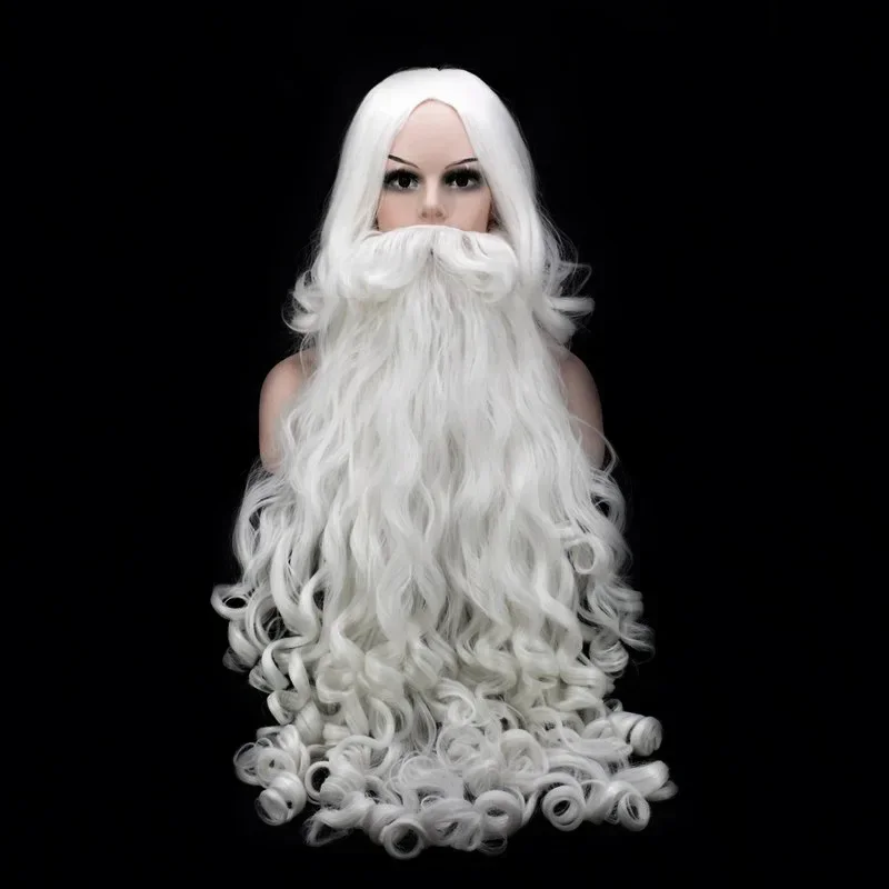 Cosbao Vianoce Santa Claus brada parochňa 60/80 cm biele kučeravé dlhé syntetické vlasy Dospelý kostým Cosplay kostým vianočný darček rol