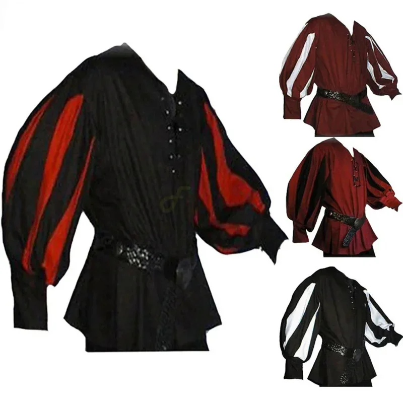 COSDEA HALLOWEEN Pánsky stredoveké cosplay bojovník rytier TUNICKÉ TUNICE LANSQUENET LARP PIRATE PIRUME BLACK LACE-UP TOP TOWN