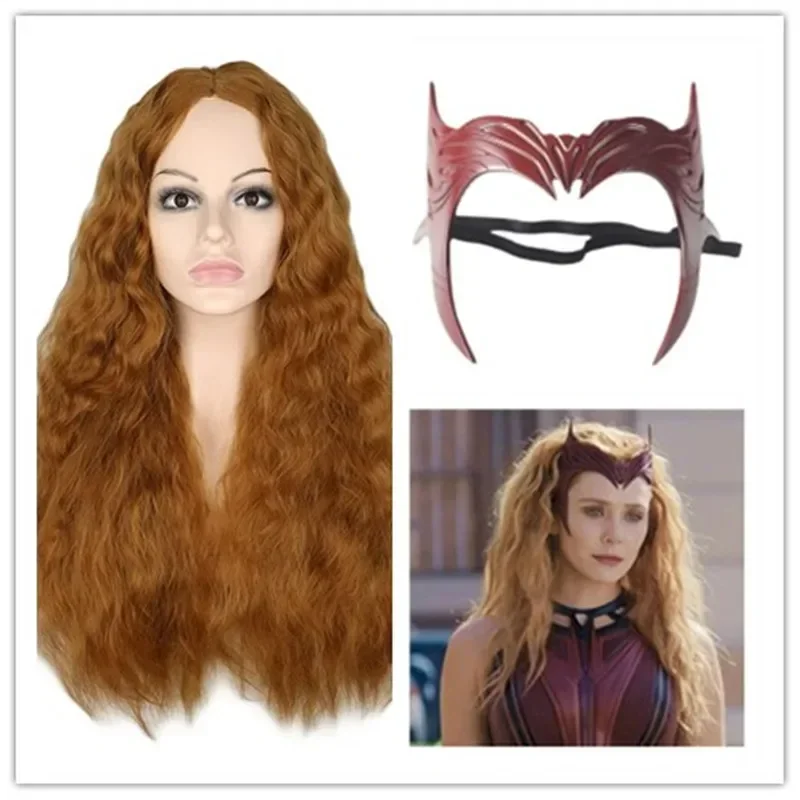 Coslan Scarlet Witch Wig Vision Wanda maximoff Cosplay parochňa Dlhý hnedý stredný rozlúčok kučeravý tepelne odolný