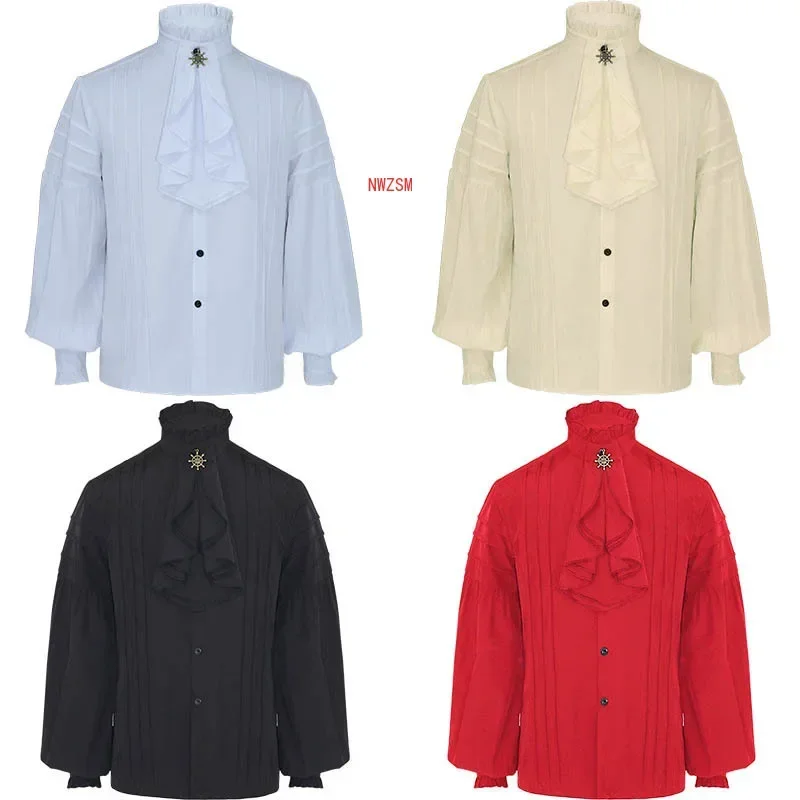 Coslan White Black Red Ruffles stojan golier lampa rukáv viktoriánsky goth košeľ Muži stredoveké top vinobranie oblečenie mužské večierky banq