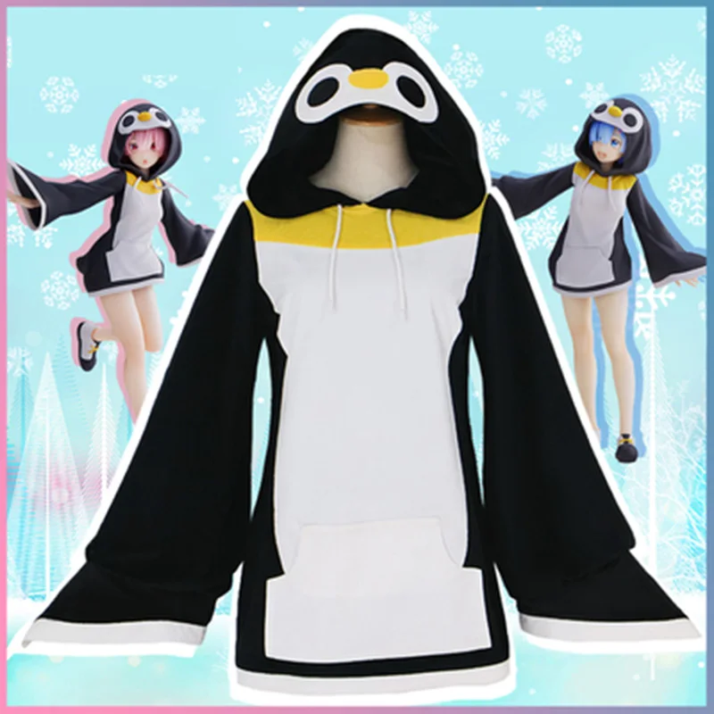 Coslee Anime Re: Život v inom svete ako nula Rem Ram Penguin Suit Hoodie Uniform Dress Cosplay kostým Halloween Party ou