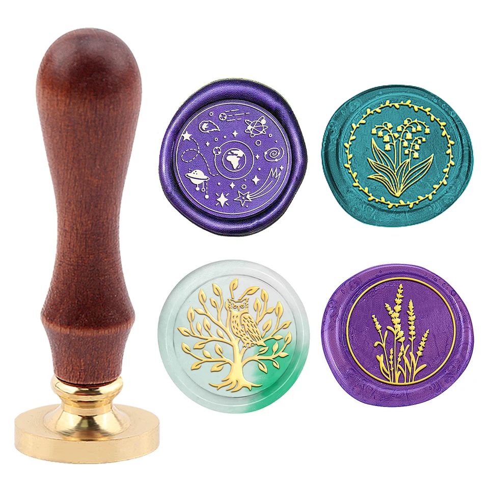 Cosmic Washi Wax TEAL Lavender Utesnené voskové tesnenie s pevnou mosadznou hlavou s drevenou rukoväťou odnímateľnou pre obálky, pozvánky
