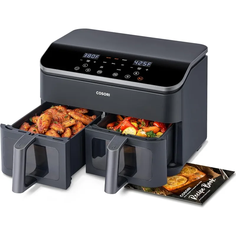 COSORI 9QT 8-v-1 DUAL AIR FRYER, MULTI-DISH CONCING naraz pre rodinu a pár s dvojitými košmi, pečením, pečením, opätovným ohrievaním, grilom
