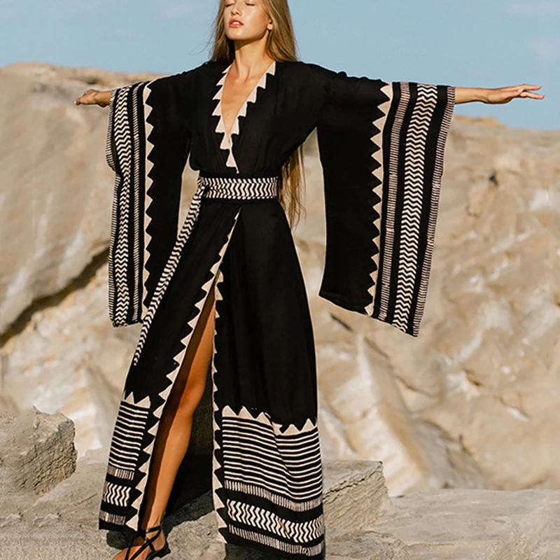 Cover-up plážové oblečenie pre ženy Nočný klub plaviek letné dĺžky Dlhé šaty plášť Čierny kimono kardiganový odev
