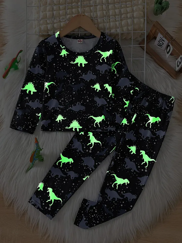 Cozy Glow-in-the-the-the-the Dark Dinosaur Pajama Set-pružné, strojové umývateľné a všestranné na jar/jeseň