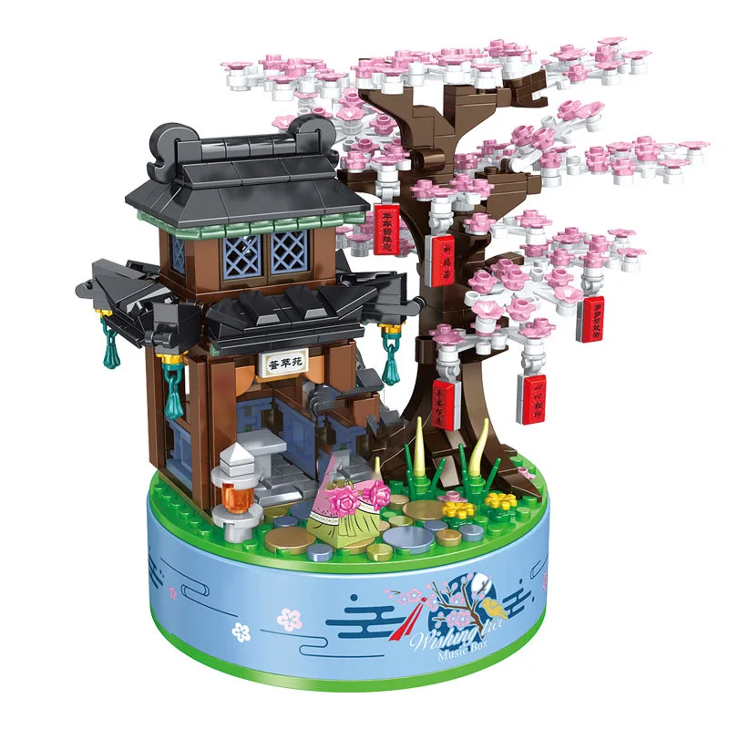 Creative Music Box Street View Block Figures Construction Set Cherry Blossom Tree House Model Building Brick Hračky so svetlom