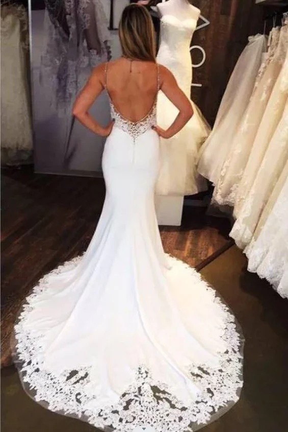 Crepe Lace Mermaid Svadobné šaty špagety popruhy boho letné svadobné šaty