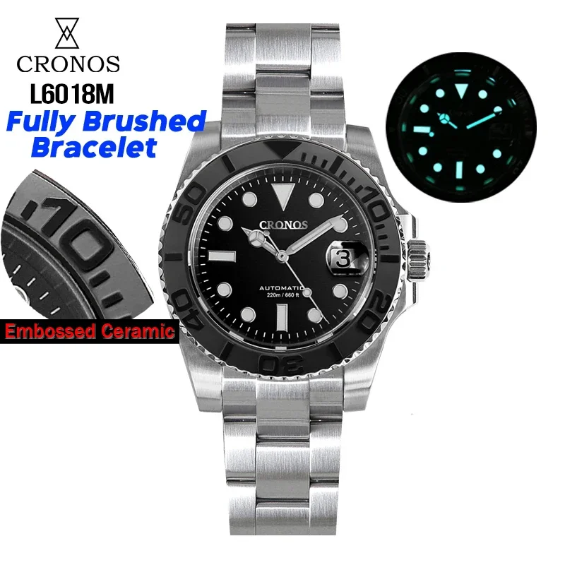 Cronos 40 mm potápači Muži sledujú PT5000 Automatické mechanické keramické ráme z nehrdzavejúcej ocele Vodotesný módny luxusný hodinky L6018M
