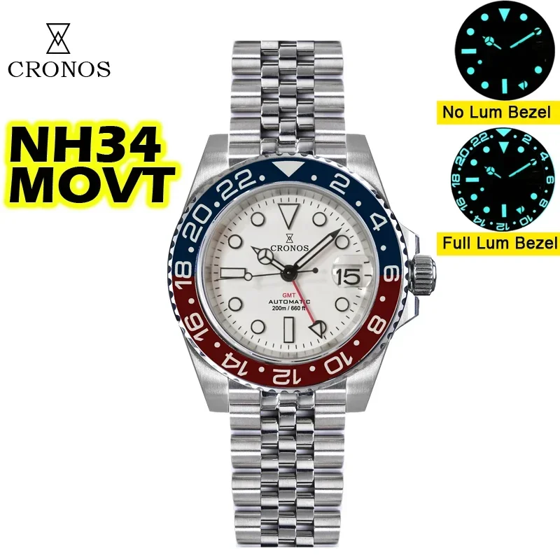 Cronos Men Dive Watch GMT NH34 Automatický pohyb Mechanické hodinky.