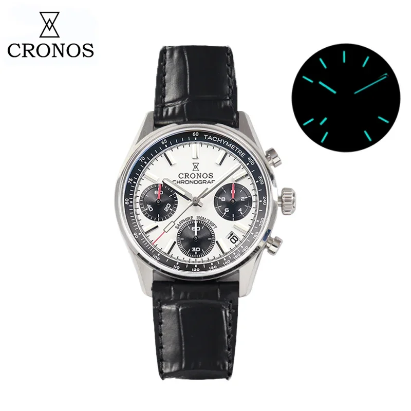 Cronos New Chronograph Quartz Men Watches Miyota 6S20 38,5 mm čierny a wwhite panda vytáčanie zafírovo vodotesný 10bar BGW-9 L6035