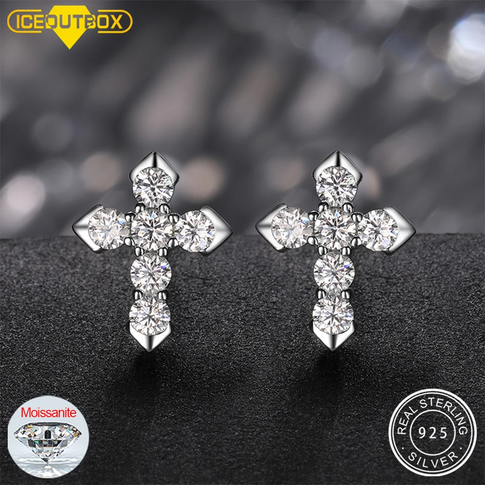 Cross Real Diamond Test prešiel Moissanit Rhodium pokovovaný 925 strieborná farba Moissanit šumivé náušnice Darček pre šperky priateľka