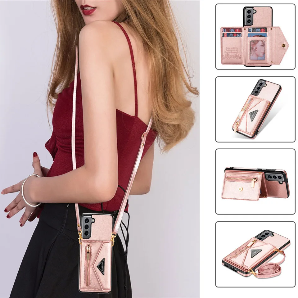 Crossbody Lanyard Card Držiteľ peňaženky kožené puzdro pre Samsung Galaxy S24ultra, S23, S22, S21, S20 Plus, A51, A71, A52, A72, A53