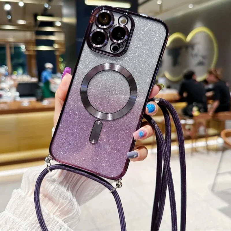 Crossbody Lanyard Glitter Magnetic puzdro pre iPhone 16 15 14 13 12 11 Pro Max Plus pre Magsafe Plating Soft TPU zadný kryt TPU