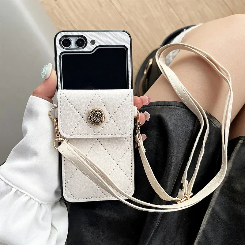 Crossbody Lanyard Telefón puzdro pre Samsung Galaxy Z Flip 5 4 3 5G Flip5 Flip3 Flip3 peňaženka s koženým krytom držiteľa karty PU