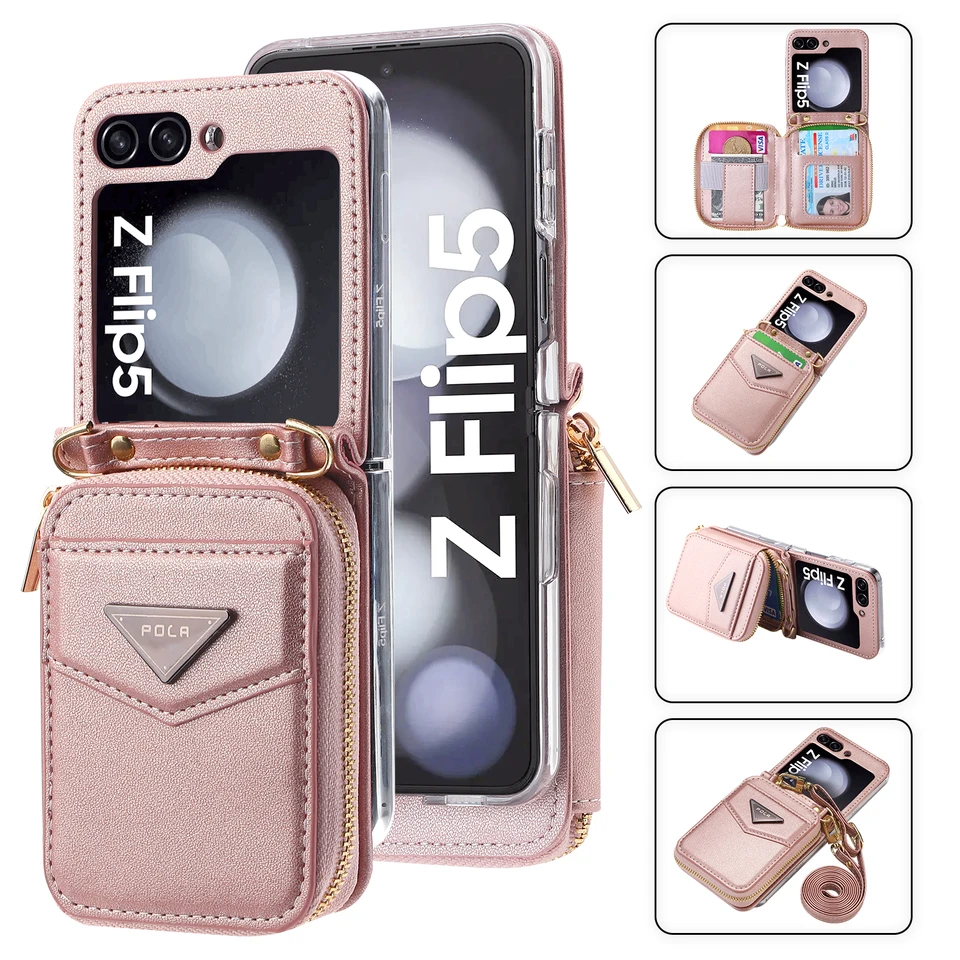 Crossbody Zipper Cards Bag Capere Peňaženka kožené puzdro pre Samsung Galaxy Z Flip 5 4 5G Flip5 Flip5 Rameno Drhter Patríčový kryt vrecka