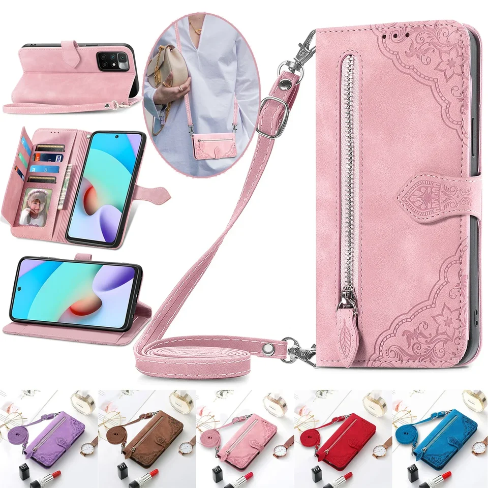Crossbody Zipper Wallet Leather Card Solt Cover pre Xiaomi Redmi Poznámka 13 11 Pro 12 11S 10S 10S 9S 13T 12C Magnetic Lanyard puzdro