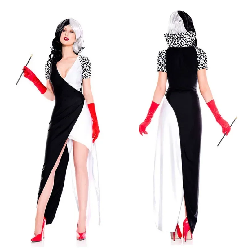 Cruella de vil dlhé šaty Nové dorazené kontrasty Color Cholown Circus Horor kostým Halloween duchov