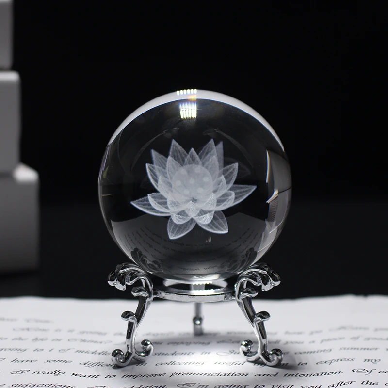 Crystal 3D rezbárske lotosové kvetinové guľové sklo Ornament Sphere Healing Meditácia fengshui globálne domáce dekorácie Darčeky Darčeky
