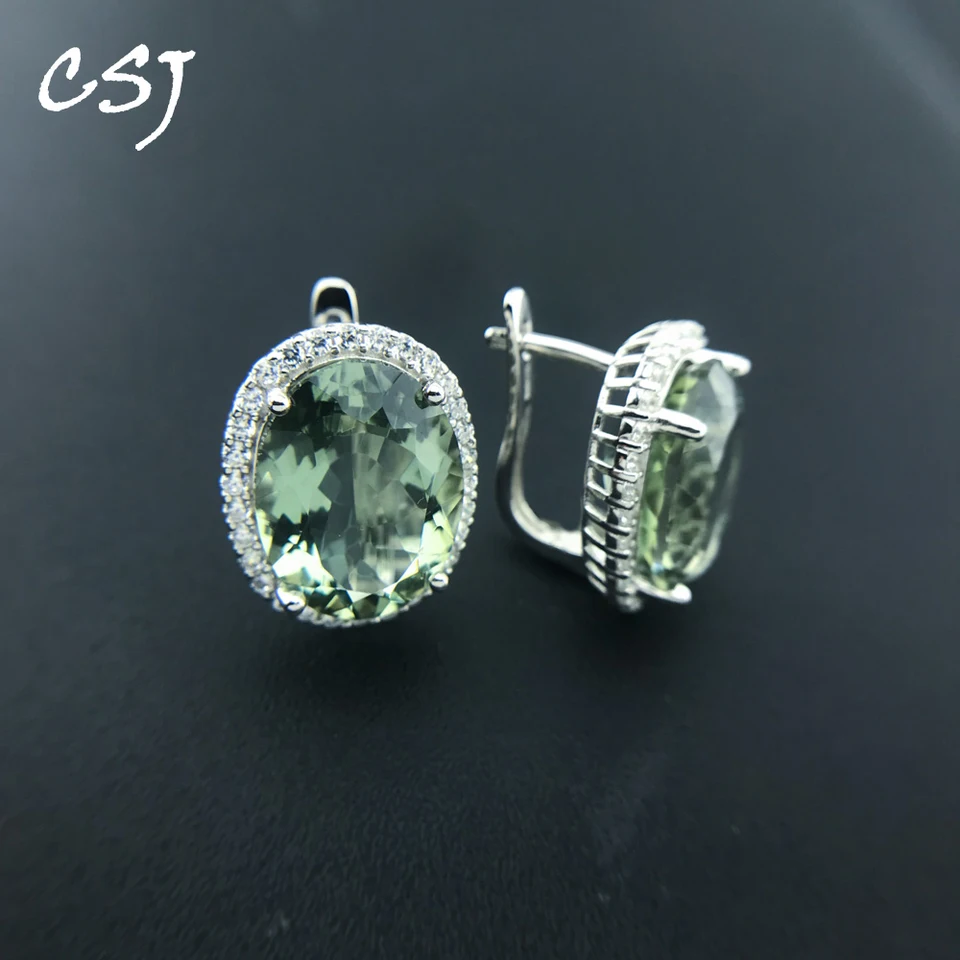 CSJ Big Stone 19.5ct Real Natural Green Ametyst náušnice Sterling 925 Strieborný oválny 12*16 mm jemné šperky pre ženy Darček Darček