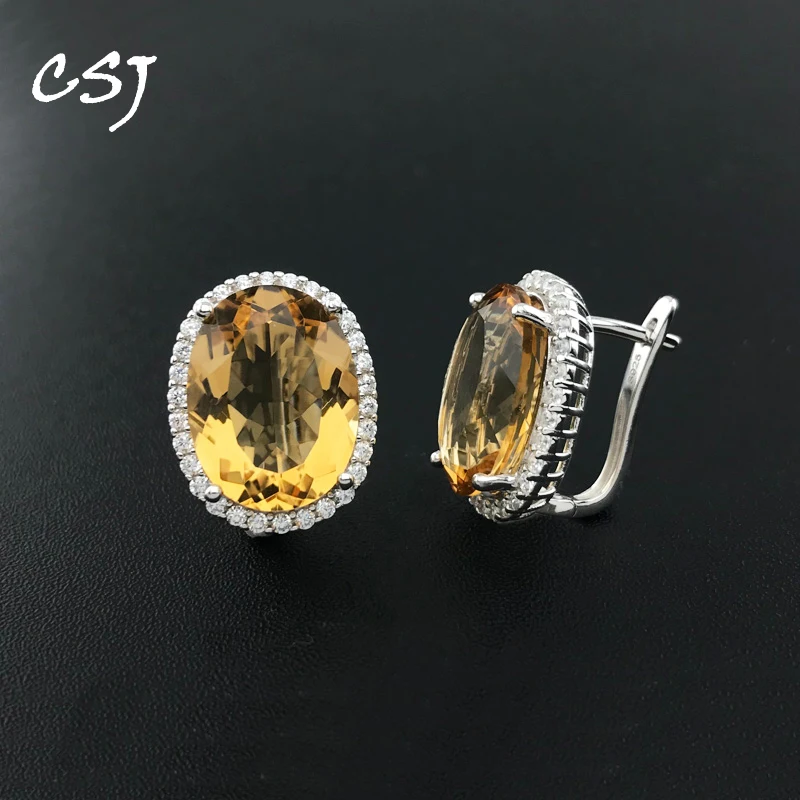 CSJ Citrine Quartz Gemstone Noble náušnice Sterling 925 Strieborný ovval