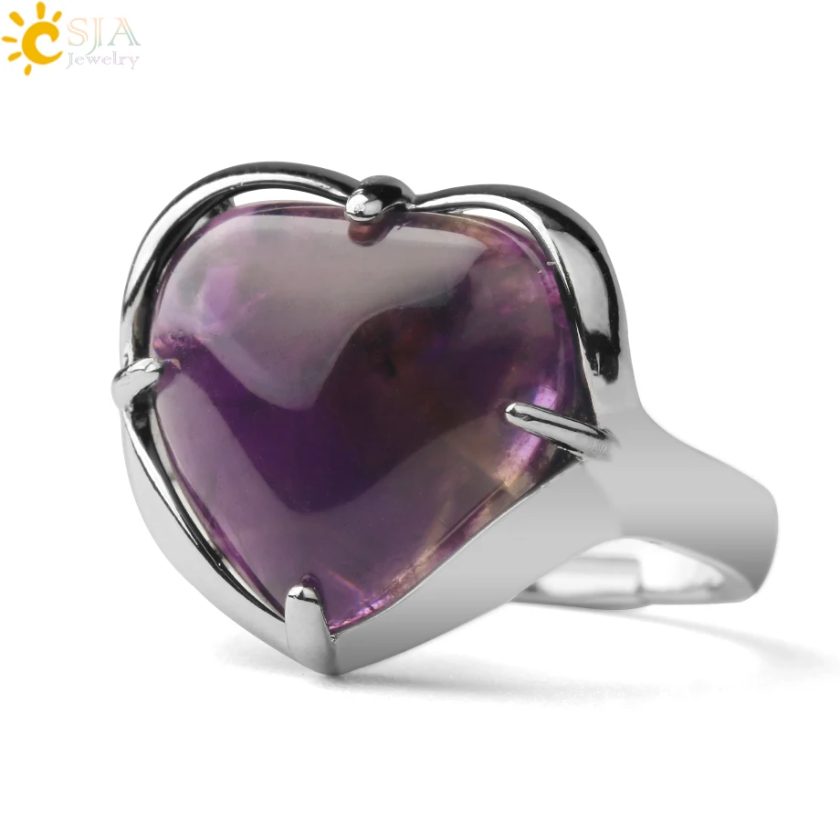 CSJA Love Heart Cyrstal Stones prsteň pre ženy strieborná farba prírodný kameň nastaviteľný prstene zásnubné svadobné svadobné šperky G691