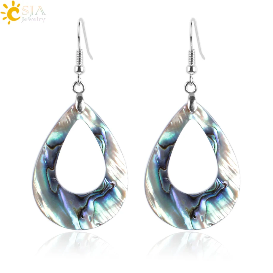 CSJA Natural Abalone Shell náušnice GEAD FEATY Stones prívesok Hruška Tvar vody Drop Hook náušnice pre ženy módne šperky E903
