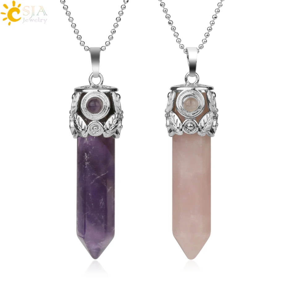 CSJA Natural Stones Herba Point Pendants Náhrdelníky listoví šesťhranný stĺp kryštál pilier reiki šperky pre ženy amulet g197