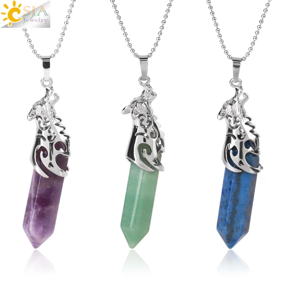 CSJA Viking Wolf hlava prívesok Náhrdelník pre mužov Ženy prírodný klenot Kamenný šesťuholník Hexagon Pendants Liečivé ametysty krištáľové šperky H102