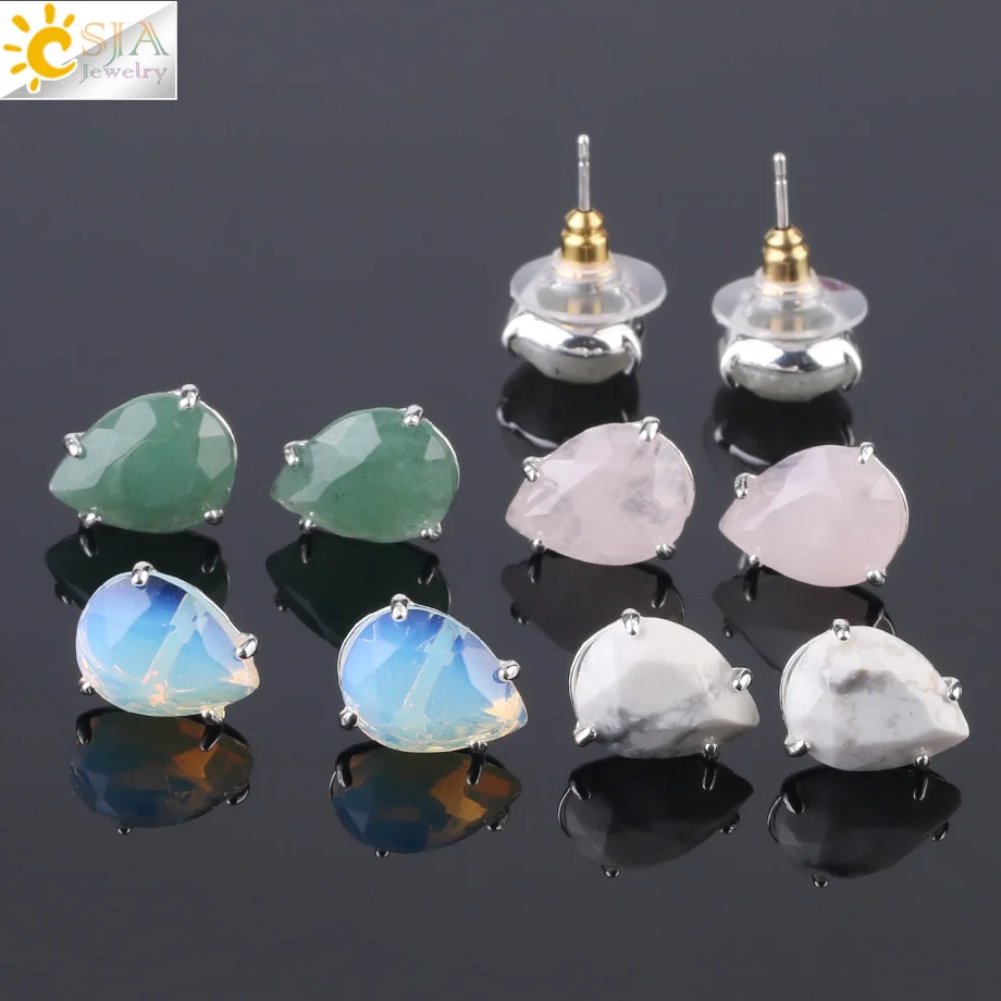 CSJA Water Drop Shap Stud náušnice strieborná farba prírodný kameň ružový kremeň Tiger Tiger Eye Eye Eyery Elegry Female G035