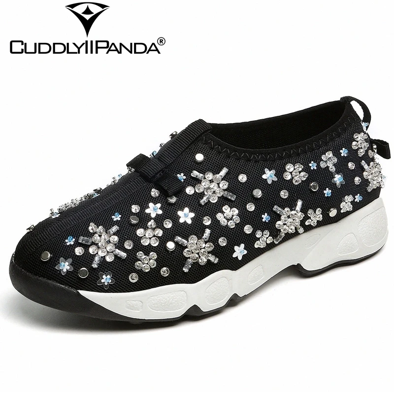 Cuddlyiipanda Autumn Luxury Designer Crystal Women Príležitostné topánky Air String Bead Loafers Rodinestone kvety tenisky