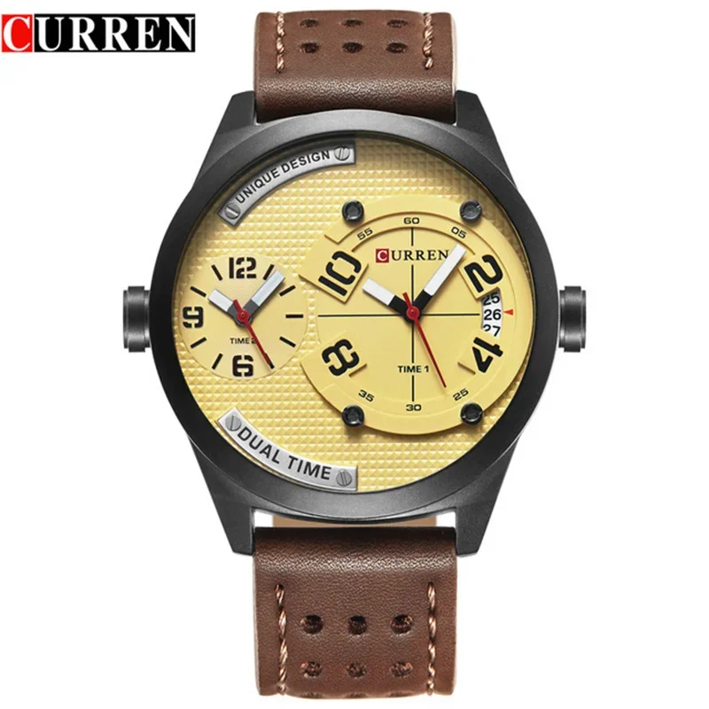 Curren M8252 Luxury Brand Watches Men 2 Čas módne Casy Quartz Hodink kožené remienok Športové náramky