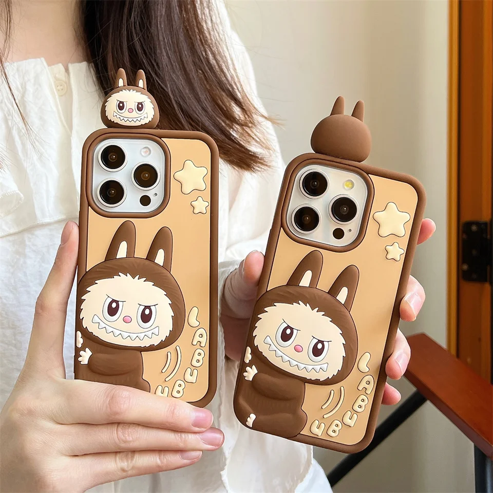 Cute 3D LaBubu Silikone Puzdet pre iPhone 13 14 15 16 Pro Max Cartoon Shock odolný voči nárazníkom ochranný zadný kryt Matte Fundas