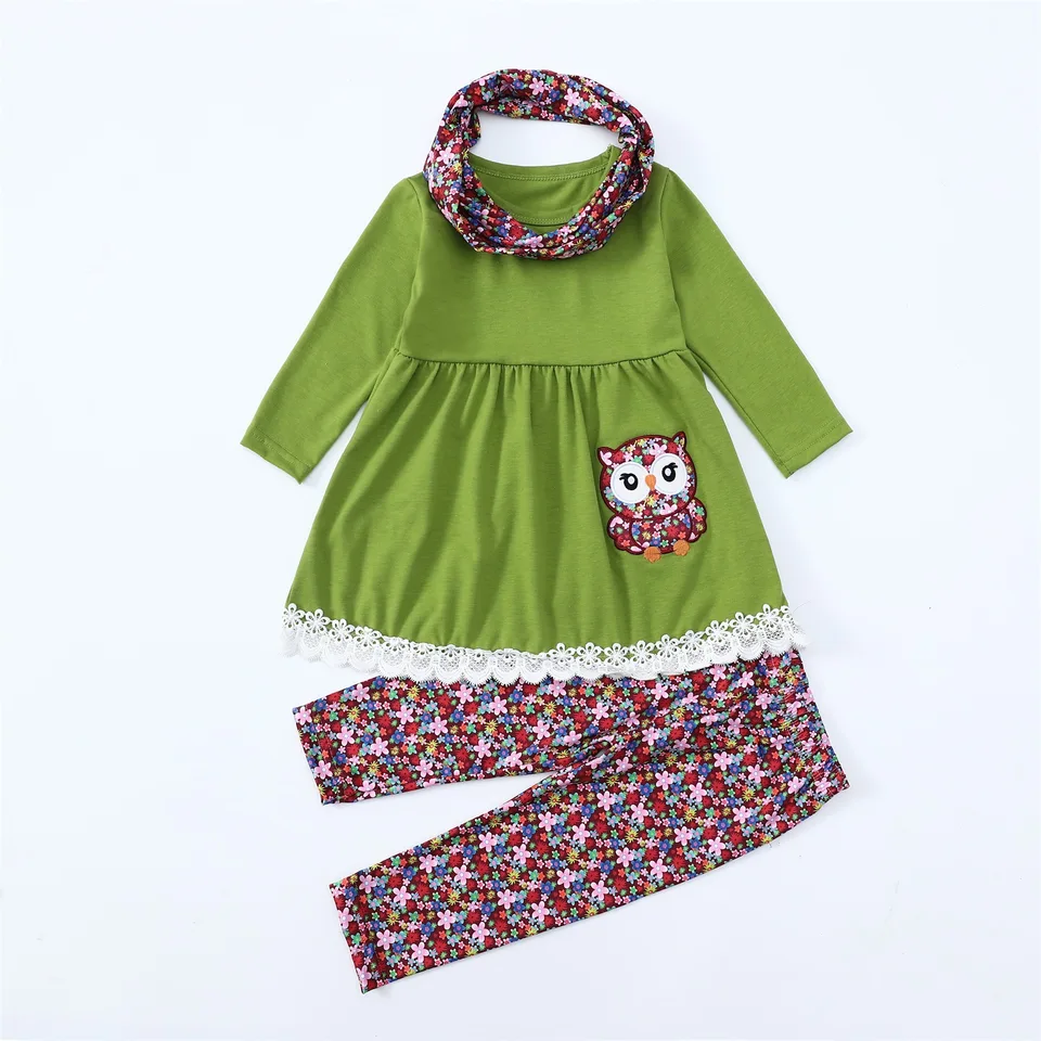 Cute Owl Girls Clothing Sety Spring Autumn Fashion Móda s dlhým rukávom top + nohavice + šál 3ks dievčatá obleky narodeniny darček pre deti oblečenie