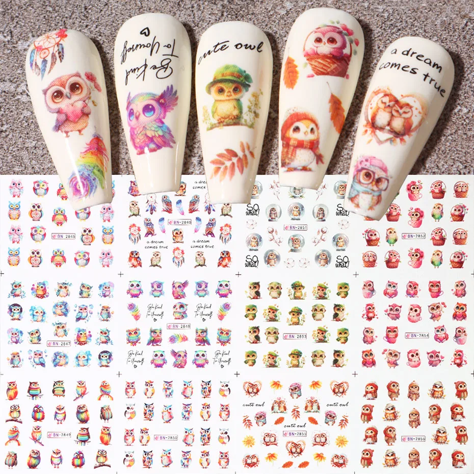 Cute Owl Water Cit Art Stumpery Kawaill Bird Farebný vodoznak prenos posúvacích náistí karikatúra zvierat manikúrová dekorácia labn
