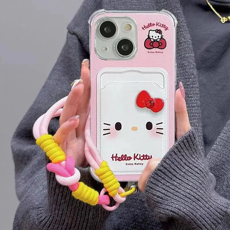 Cute Sanrio Hello Kitty Card Card s ružovým puzdrom na šnúrku pre Samsung Galaxy S24 Ultra S23 Fe S22 A55 A35 A34 A54 Cover Funda