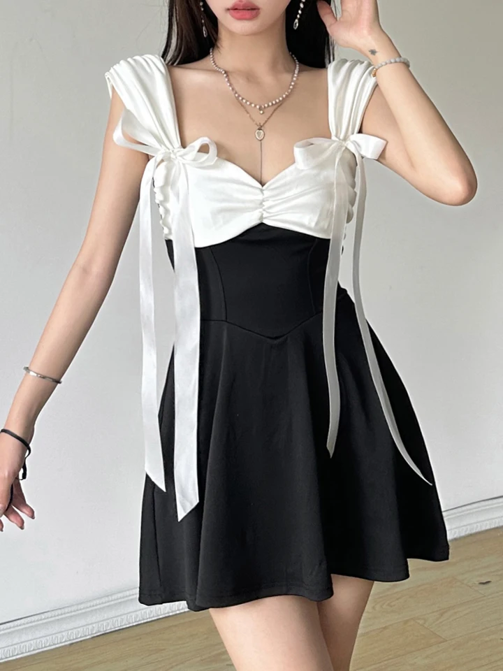 CuteAndpsycho Lace Up Sladké roztomilé šaty pre ženy estetické kórejské módne oblečenie Vintage harajuku elegantné patchwork handrika