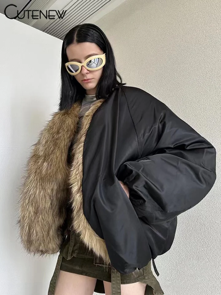 Cutenew patchwork s dlhým rukávom Elastické chlpaté čalúnené dolu dámska zimná zimná teplá dáma High Street Polded Coats Top