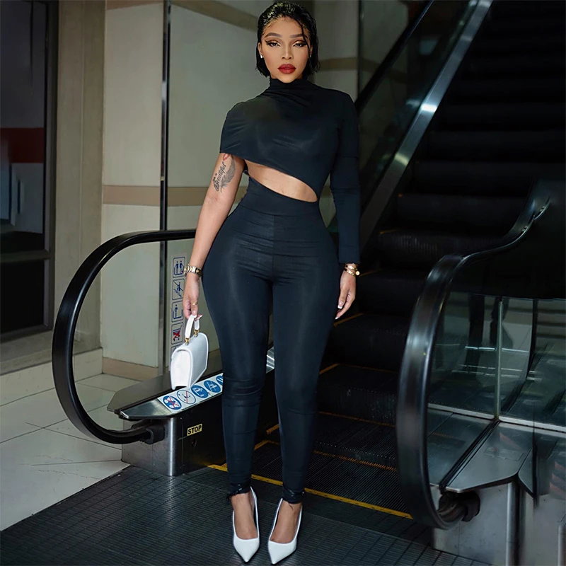 Cutenova Waist Bezplouplar Women Shipsuit Hollow Out Turtleneck Long Slev Slim Fit One Piece Fashion Streetwear Party Bodycon