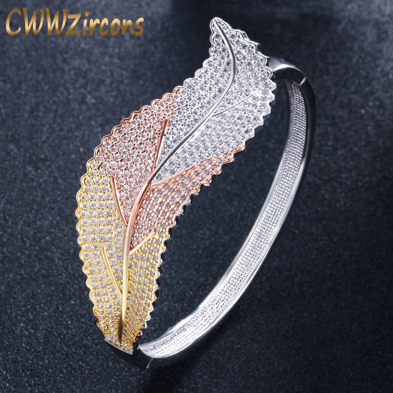 CWWZIRCONS 3 tóny ružové zlaté listové tvary Big Micro Dlave Cubic Zirconia Luxury Open Cuff Bangle for Dámske príslušenstvo BG016